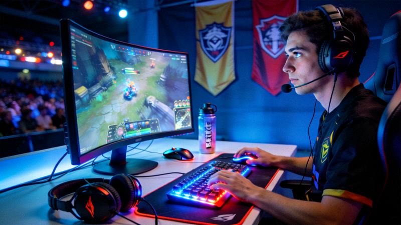 电竞选手在专业设备前进行紧张比赛的场景